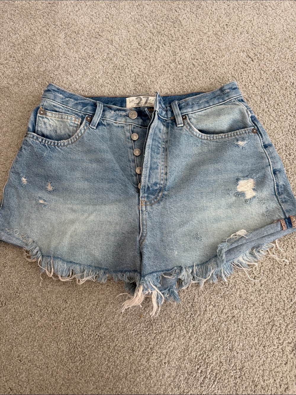 Free People Light Blue Distressed Button-Fly Denim Shorts